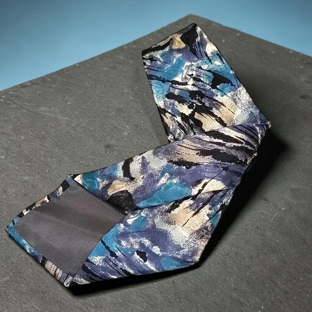 Stefano Milano 100% Silk Tie Vintage Abstract Painterly Pattern Blue Grey Italy‎